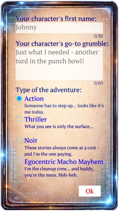 The app's setup screen on a phone: name, grumble, and the four voices — Action, Thriller, Noir, Egocentric Macho Mayhem.